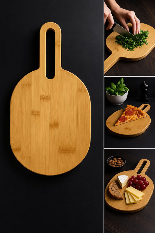 Bambu doğrama tahtası 40x20 cm, saplı askı delikli doğal bambu kesme tahtası, mutfak hazırlık ve sunum tahtası