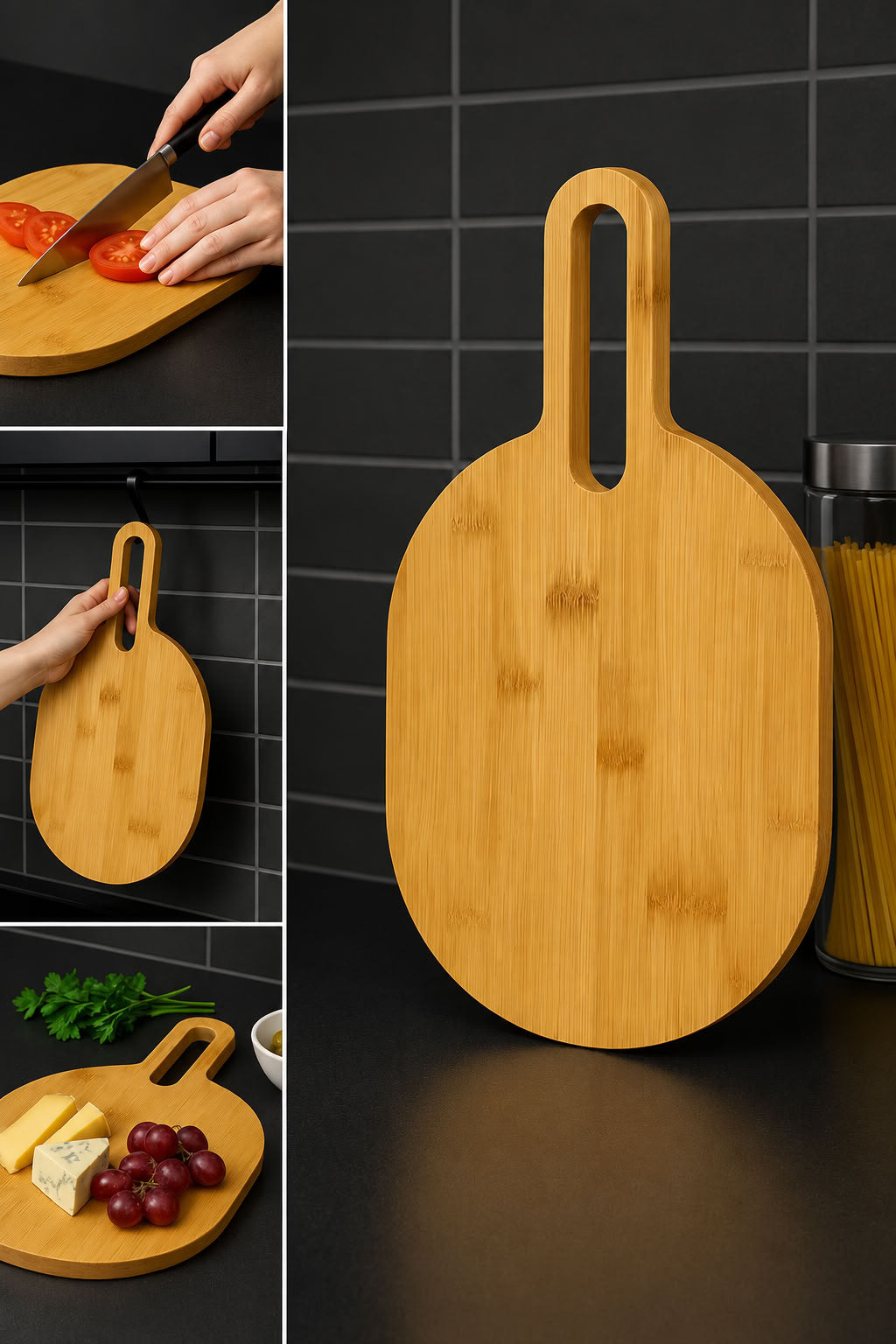 Bambu doğrama tahtası 40x20 cm, saplı askı delikli doğal bambu kesme tahtası, mutfak hazırlık ve sunum tahtası