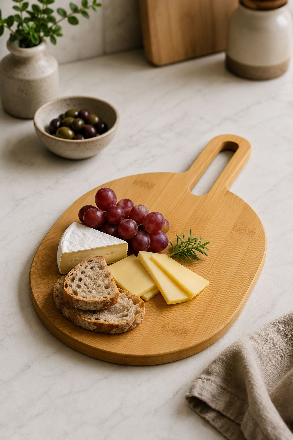 Bambu doğrama tahtası 40x20 cm, saplı askı delikli doğal bambu kesme tahtası, mutfak hazırlık ve sunum tahtası