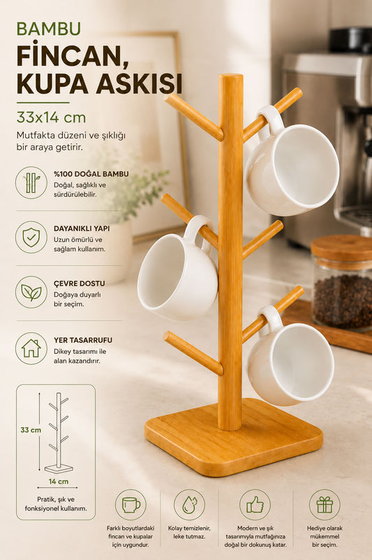 Bambu fincan kupa askısı 33x14 cm, doğal bambu dik tasarım mutfak düzenleyici, kahve fincanı ve kupa bardak standı