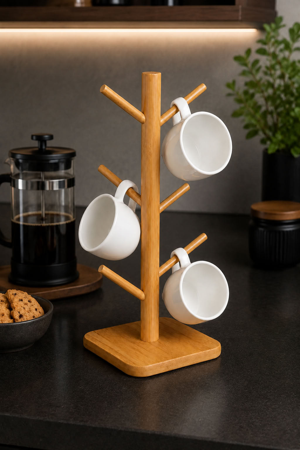 Bambu fincan kupa askısı 33x14 cm, doğal bambu dik tasarım mutfak düzenleyici, kahve fincanı ve kupa bardak standı