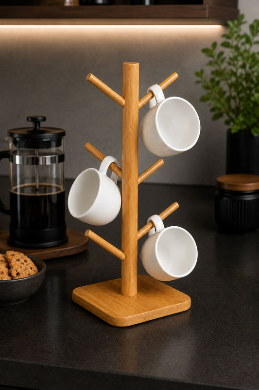 Bambu fincan kupa askısı 33x14 cm, doğal bambu dik tasarım mutfak düzenleyici, kahve fincanı ve kupa bardak standı