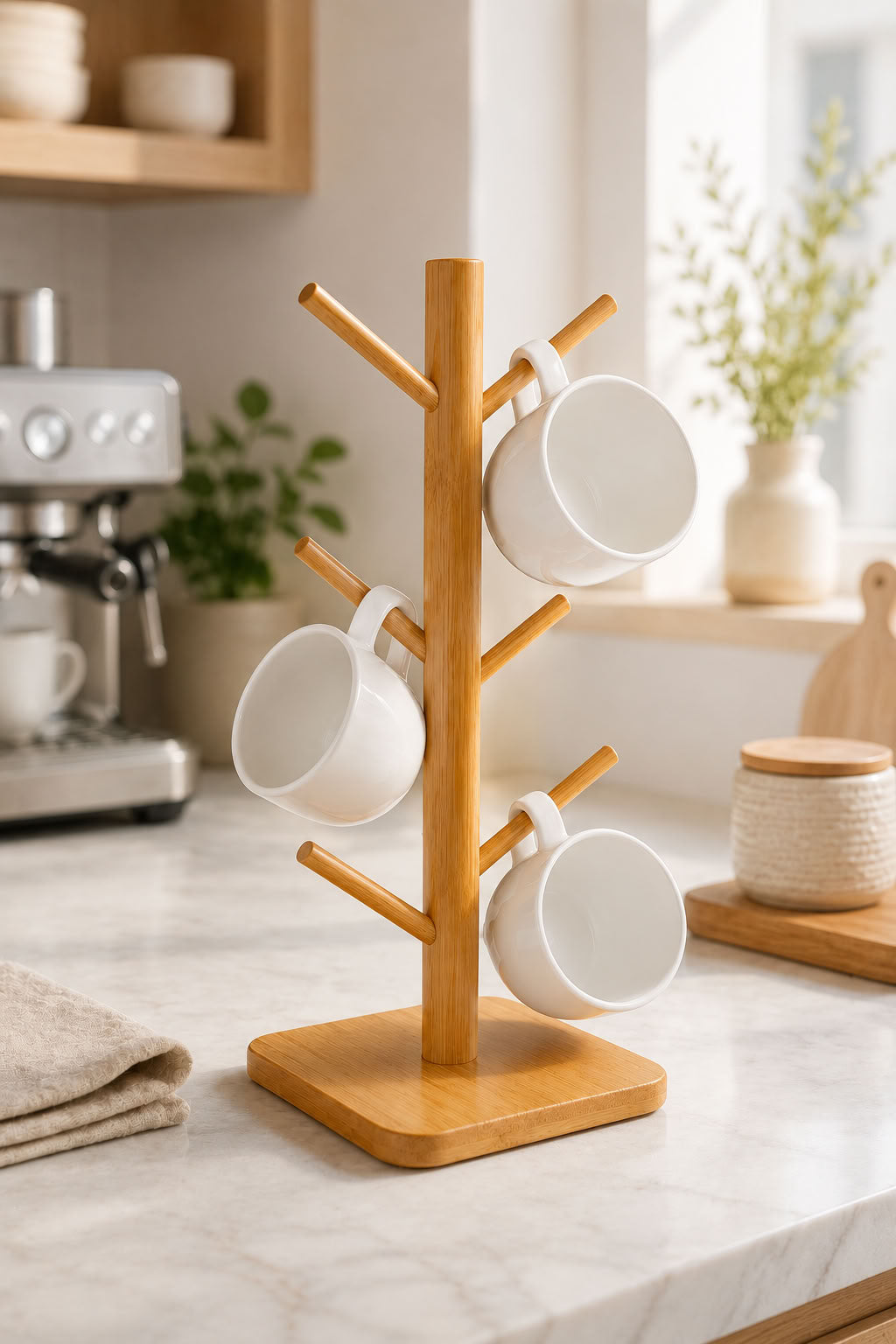 Bambu fincan kupa askısı 33x14 cm, doğal bambu dik tasarım mutfak düzenleyici, kahve fincanı ve kupa bardak standı