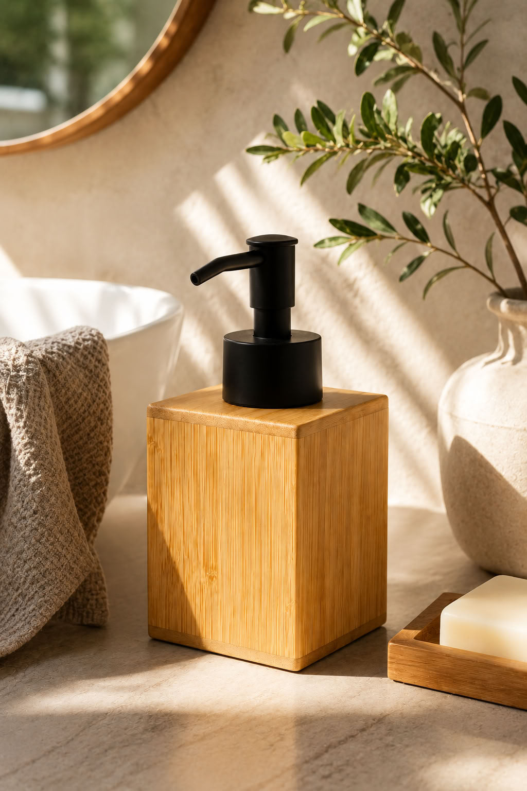 Bambu sabunluk, doğal bambu gövdeli siyah paslanmaz pompalı sıvı sabun dispenseri, banyo mutfak lavabo sabunluk