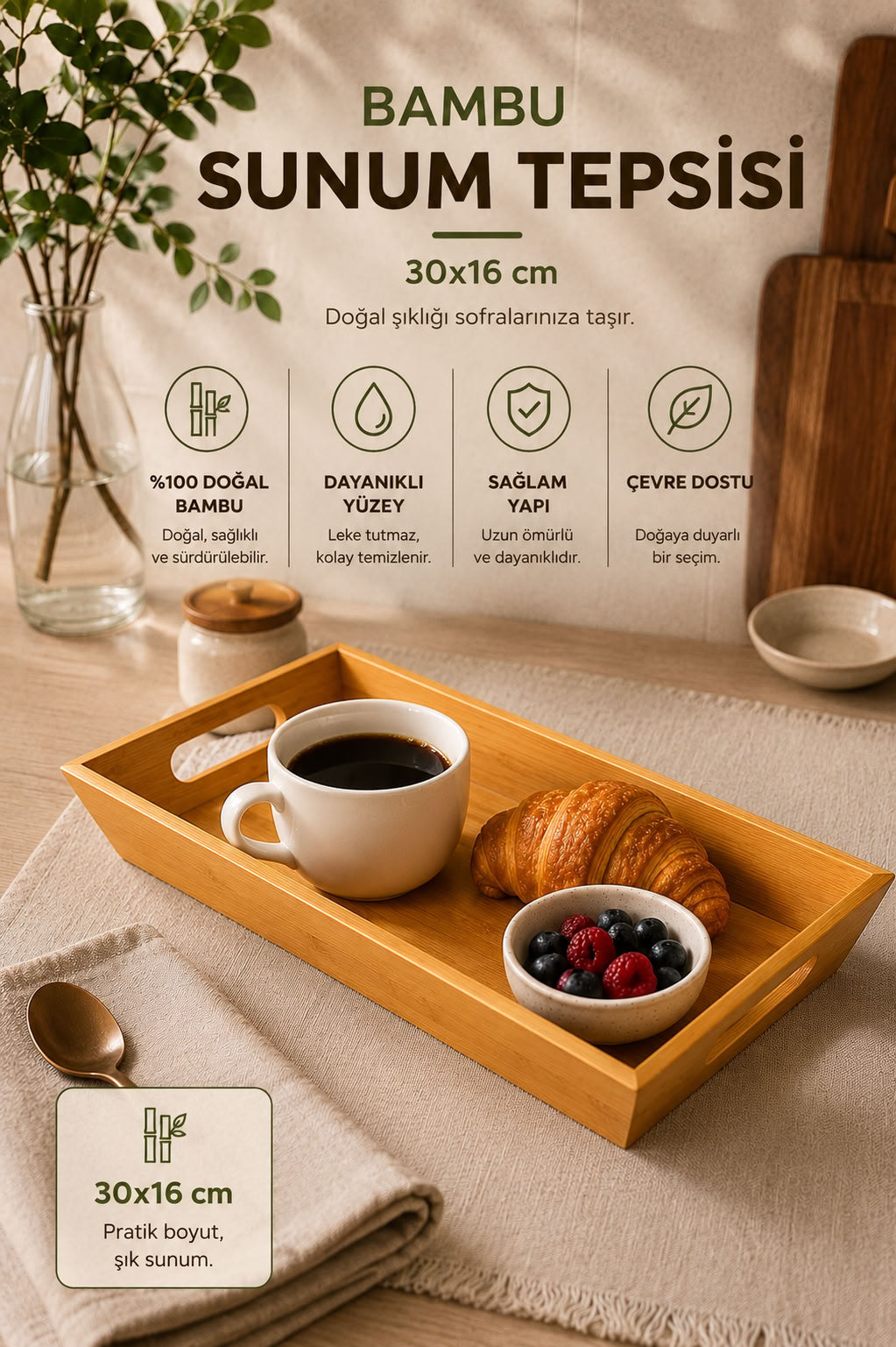 Bambu sunum tepsisi 30x16 cm, doğal bambu kulplu kahvaltı ve servis tepsisi, mutfak sofra sunum ürünü