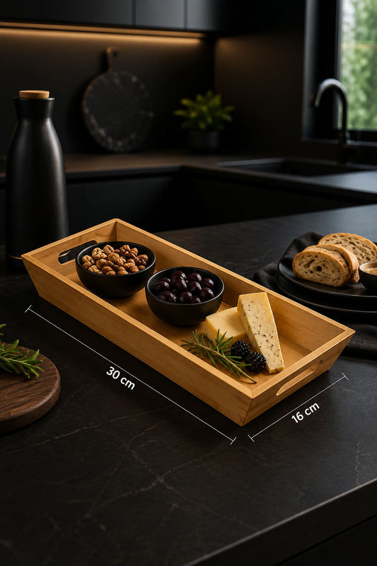 Bambu sunum tepsisi 30x16 cm, doğal bambu kulplu kahvaltı ve servis tepsisi, mutfak sofra sunum ürünü