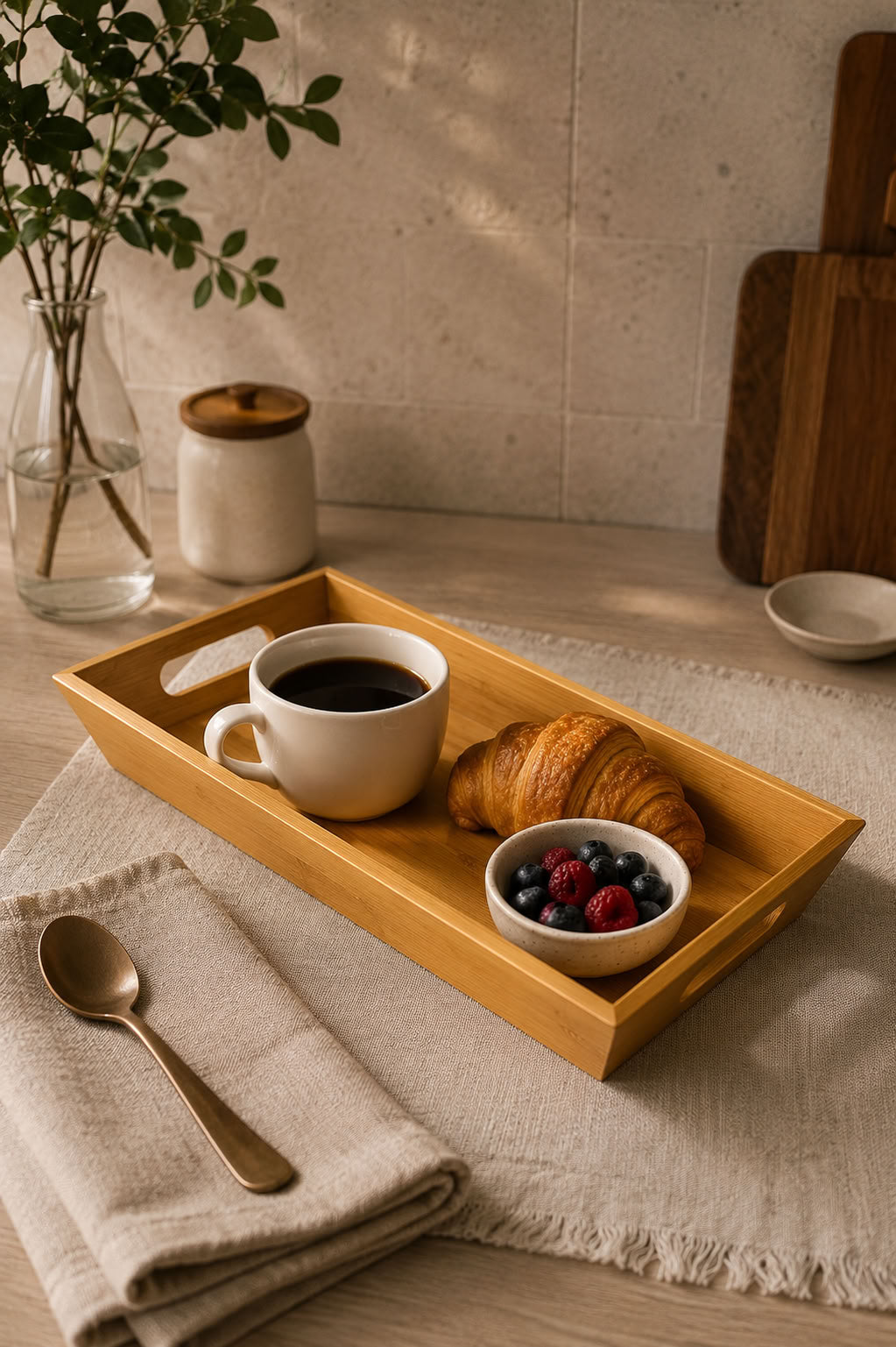 Bambu sunum tepsisi 30x16 cm, doğal bambu kulplu kahvaltı ve servis tepsisi, mutfak sofra sunum ürünü