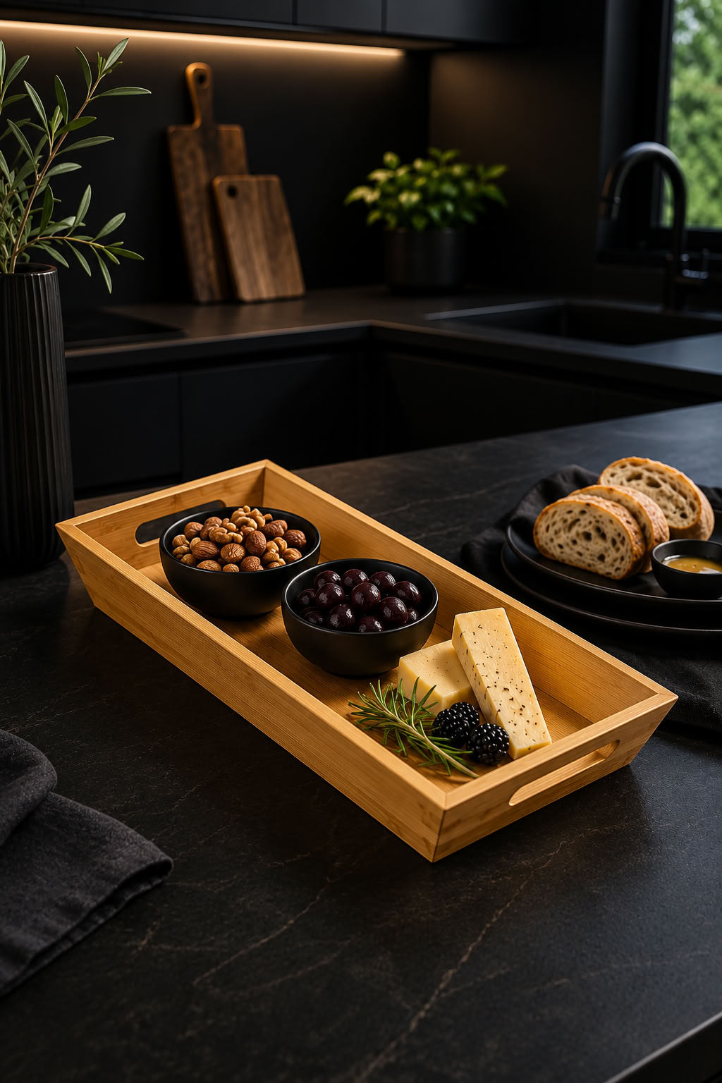Bambu sunum tepsisi 30x16 cm, doğal bambu kulplu kahvaltı ve servis tepsisi, mutfak sofra sunum ürünü