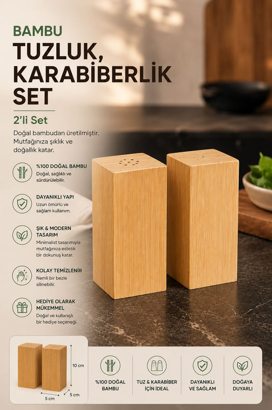 Bambu tuzluk karabiberlik set, 2’li doğal bambu tuz ve karabiber kabı, şık modern mutfak sofra baharatlık takımı