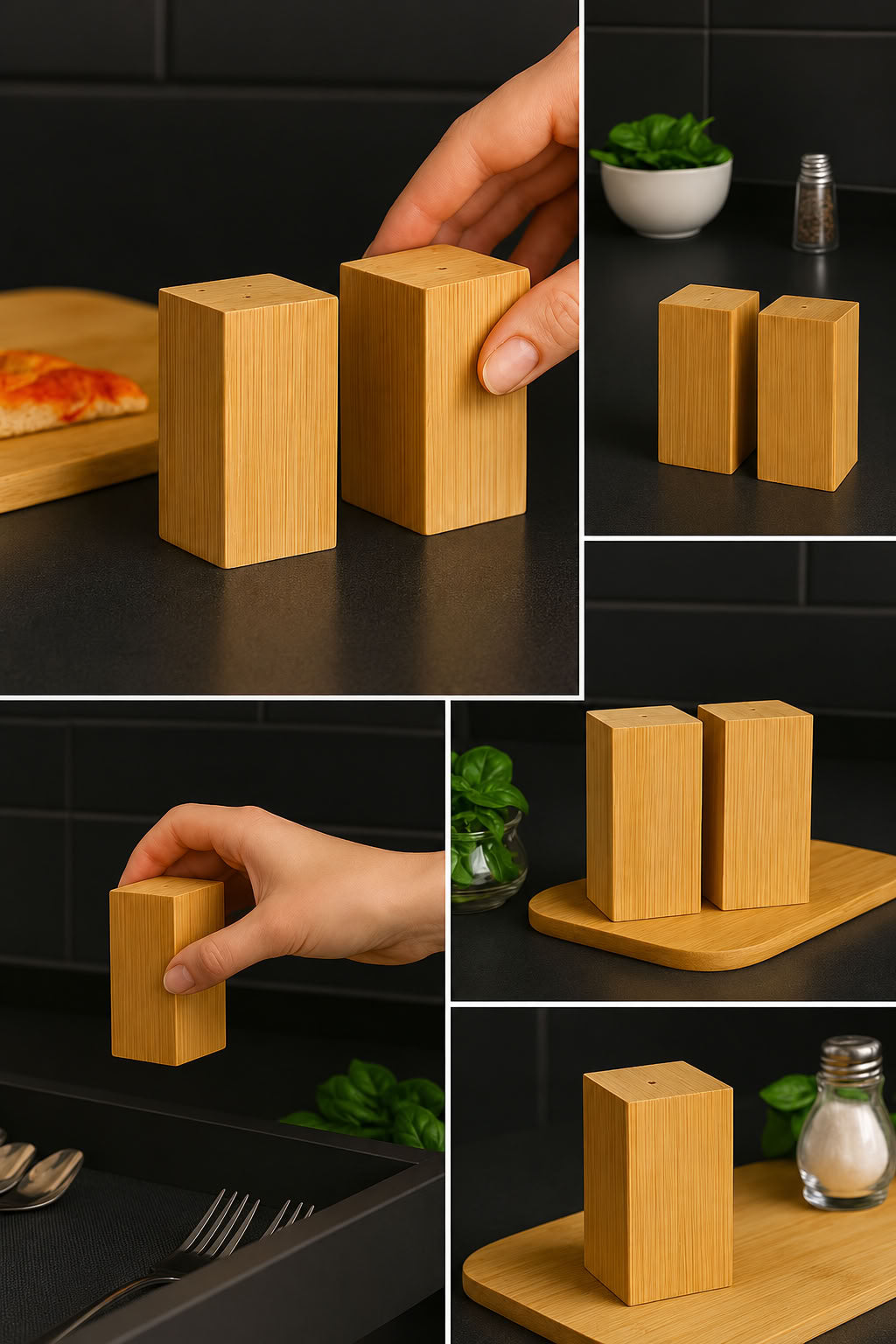 Bambu tuzluk karabiberlik set, 2’li doğal bambu tuz ve karabiber kabı, şık modern mutfak sofra baharatlık takımı