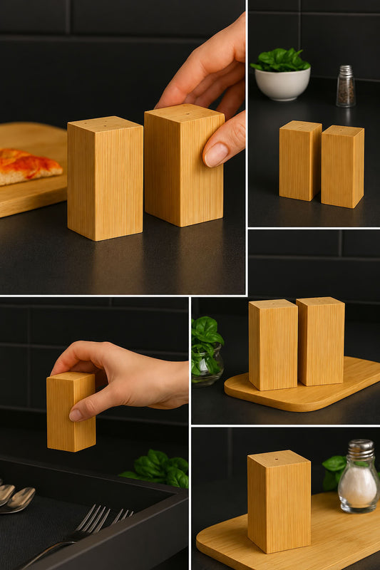 Bambu tuzluk karabiberlik set, 2’li doğal bambu tuz ve karabiber kabı, şık modern mutfak sofra baharatlık takımı
