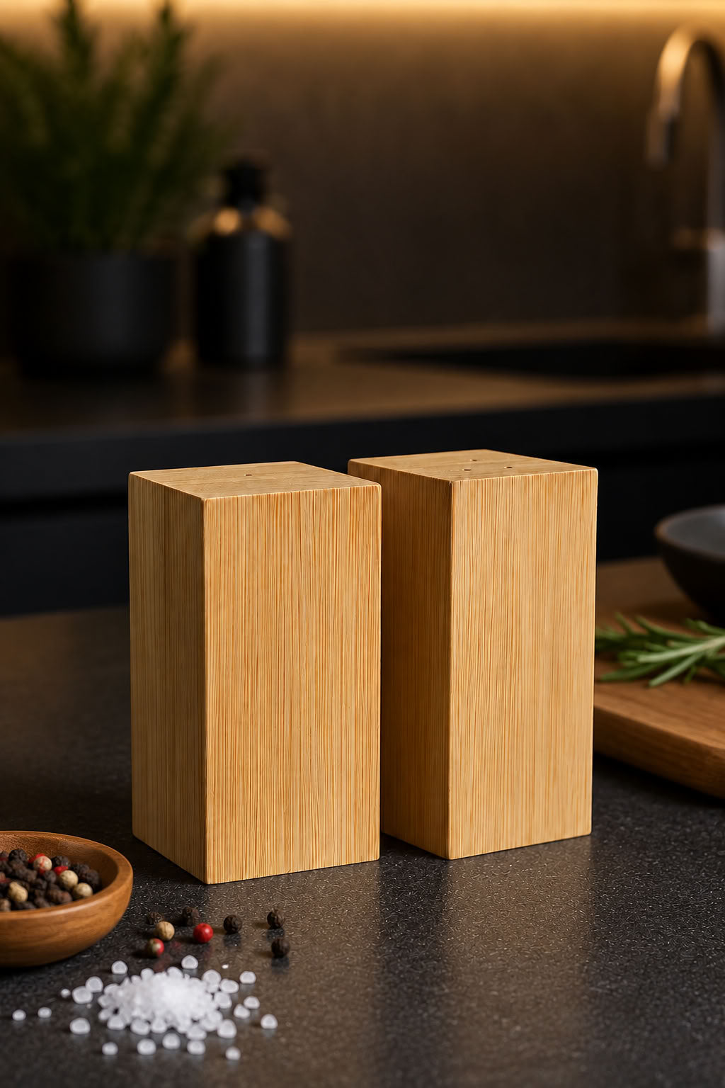 Bambu tuzluk karabiberlik set, 2’li doğal bambu tuz ve karabiber kabı, şık modern mutfak sofra baharatlık takımı