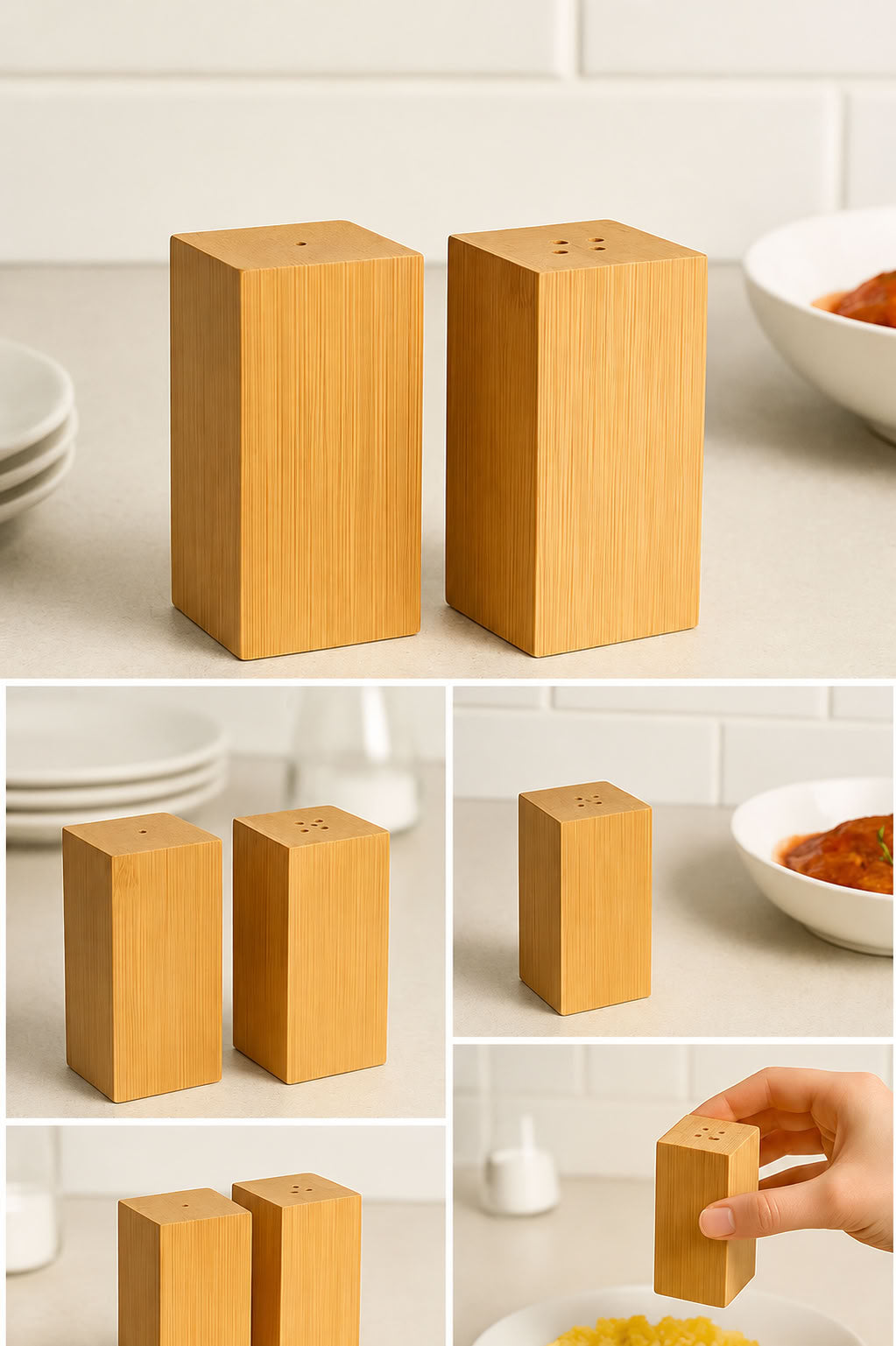 Bambu tuzluk karabiberlik set, 2’li doğal bambu tuz ve karabiber kabı, şık modern mutfak sofra baharatlık takımı