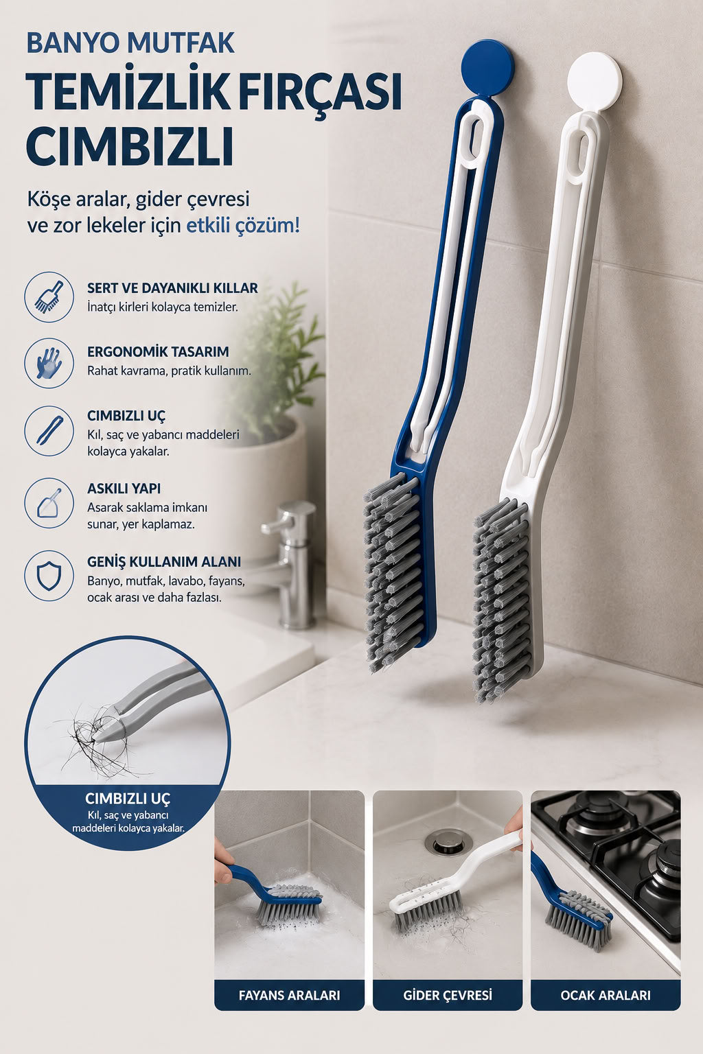 Banyo mutfak temizlik fırçası cımbızlı, sert kıllı fayans derz gider ocak arası temizleme fırçası ve askılı detay aparatı