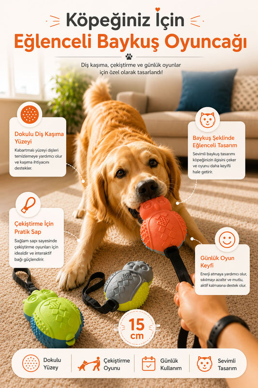 15 cm baykuş tasarımlı köpek oyuncağı, dokulu diş kaşıma yüzeyli, çekiştirme saplı, günlük oyun ve enerji atma için eğlenceli köpek diş kaşıma oyuncağı