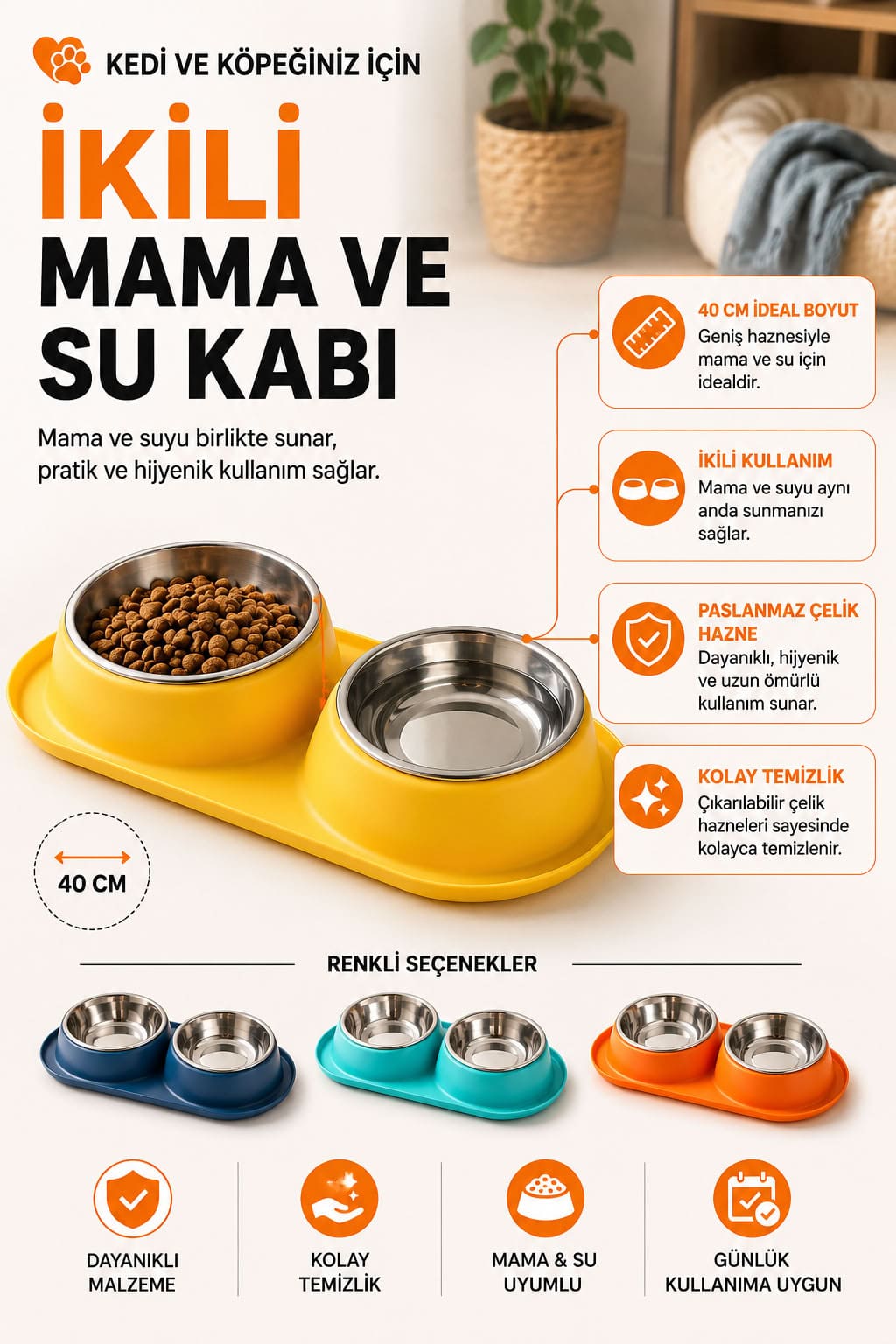Büyük boy eğimli paslanmaz çelik taslı mama su kabı, 40 cm ölçülü, çıkarılabilir çelik hazneli, kedi ve köpek uyumlu ikili mama su kabı