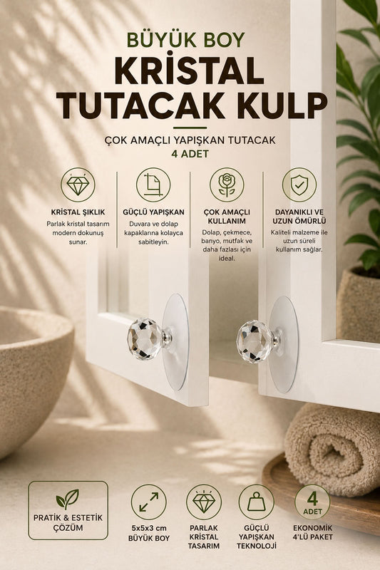 Büyük boy kristal tutacak kulp 4 adet, yapışkanlı dolap çekmece kapak tutacağı, şeffaf dekoratif banyo mutfak kulp