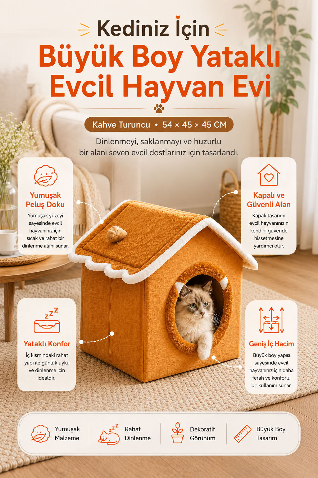 Kahve turuncu büyük boy yataklı evcil hayvan evi, kedi köpek evi, kapalı kedi evi, yumuşak kedi yatağı ve dekoratif kedi yuvası modeli