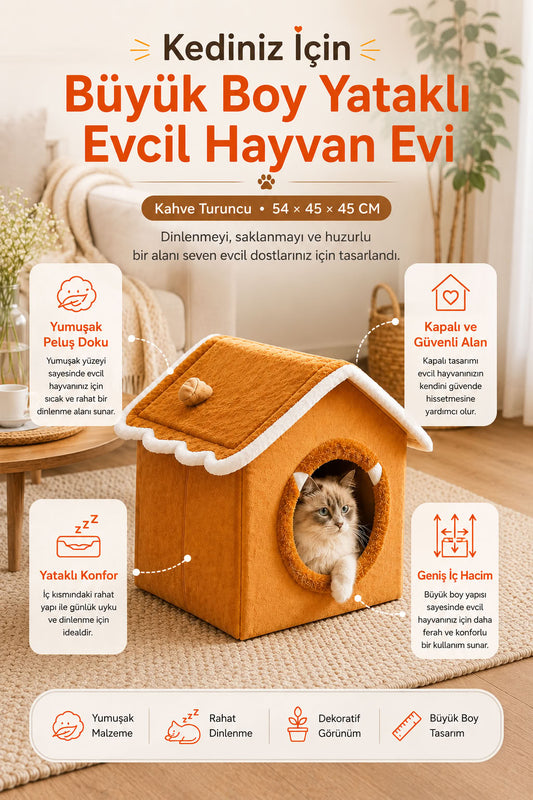 Kahve turuncu büyük boy yataklı evcil hayvan evi, kedi köpek evi, kapalı kedi evi, yumuşak kedi yatağı ve dekoratif kedi yuvası modeli