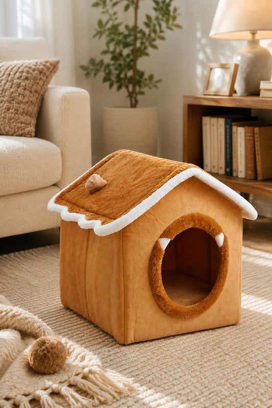 Kahve turuncu büyük boy yataklı evcil hayvan evi, kedi köpek evi, kapalı kedi evi, yumuşak kedi yatağı ve dekoratif kedi yuvası modeli
