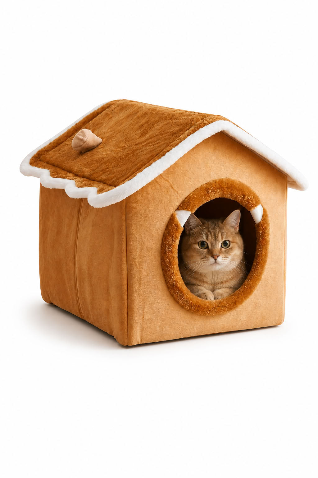 Kahve turuncu büyük boy yataklı evcil hayvan evi, kedi köpek evi, kapalı kedi evi, yumuşak kedi yatağı ve dekoratif kedi yuvası modeli