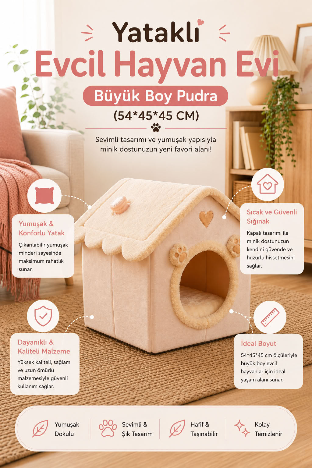 Pudra renk büyük boy yataklı evcil hayvan evi, kapalı kedi köpek evi, yumuşak kedi yatağı ve dekoratif kedi yuvası modeli