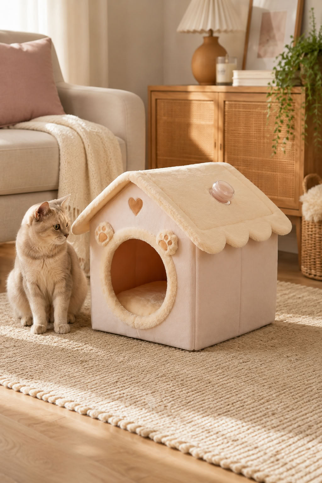 Pudra renk büyük boy yataklı evcil hayvan evi, kapalı kedi köpek evi, yumuşak kedi yatağı ve dekoratif kedi yuvası modeli