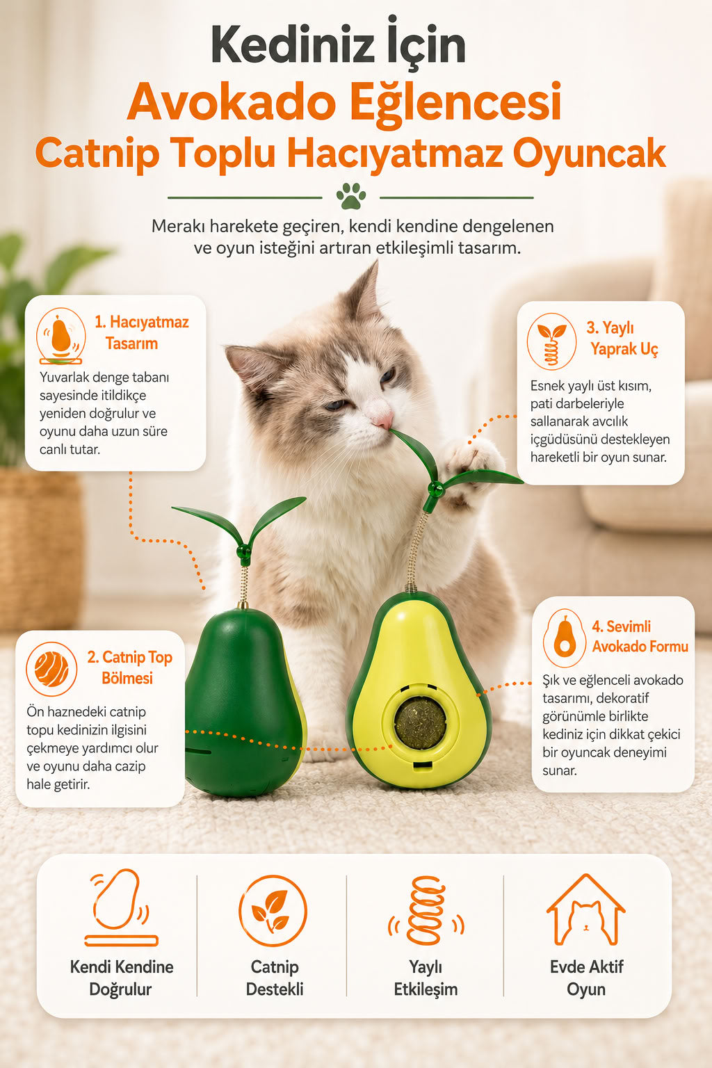 Catnip toplu yaylı avokado hacıyatmaz kedi oyuncağı, kendi kendine doğrulan, yaprak uçlu, kedi otu destekli interaktif oyun ürünü