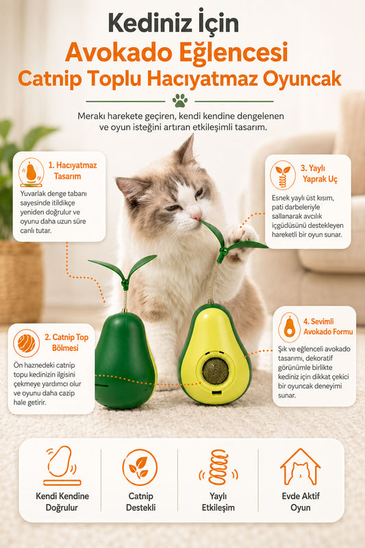 Catnip toplu yaylı avokado hacıyatmaz kedi oyuncağı, kendi kendine doğrulan, yaprak uçlu, kedi otu destekli interaktif oyun ürünü