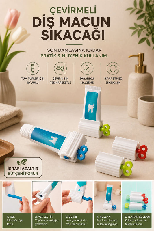 Çevirmeli diş macunu sıkacağı, diş macunu tüpünü son damlasına kadar kullanmaya yardımcı pratik banyo düzenleyici tüp sıkma aparatı