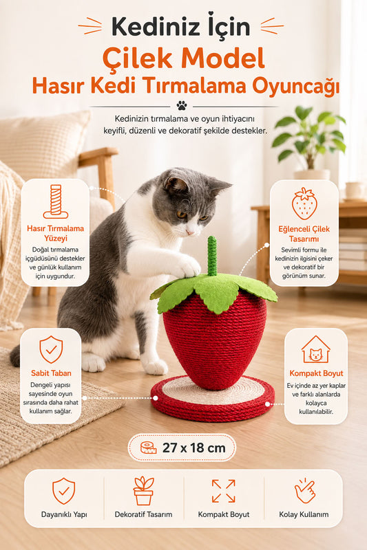 Çilek model hasır kedi tırmalama oyuncağı, 27x18 cm dekoratif kedi tırmalama tahtası, sabit tabanlı kedi oyuncağı ve tırmalama ürünü