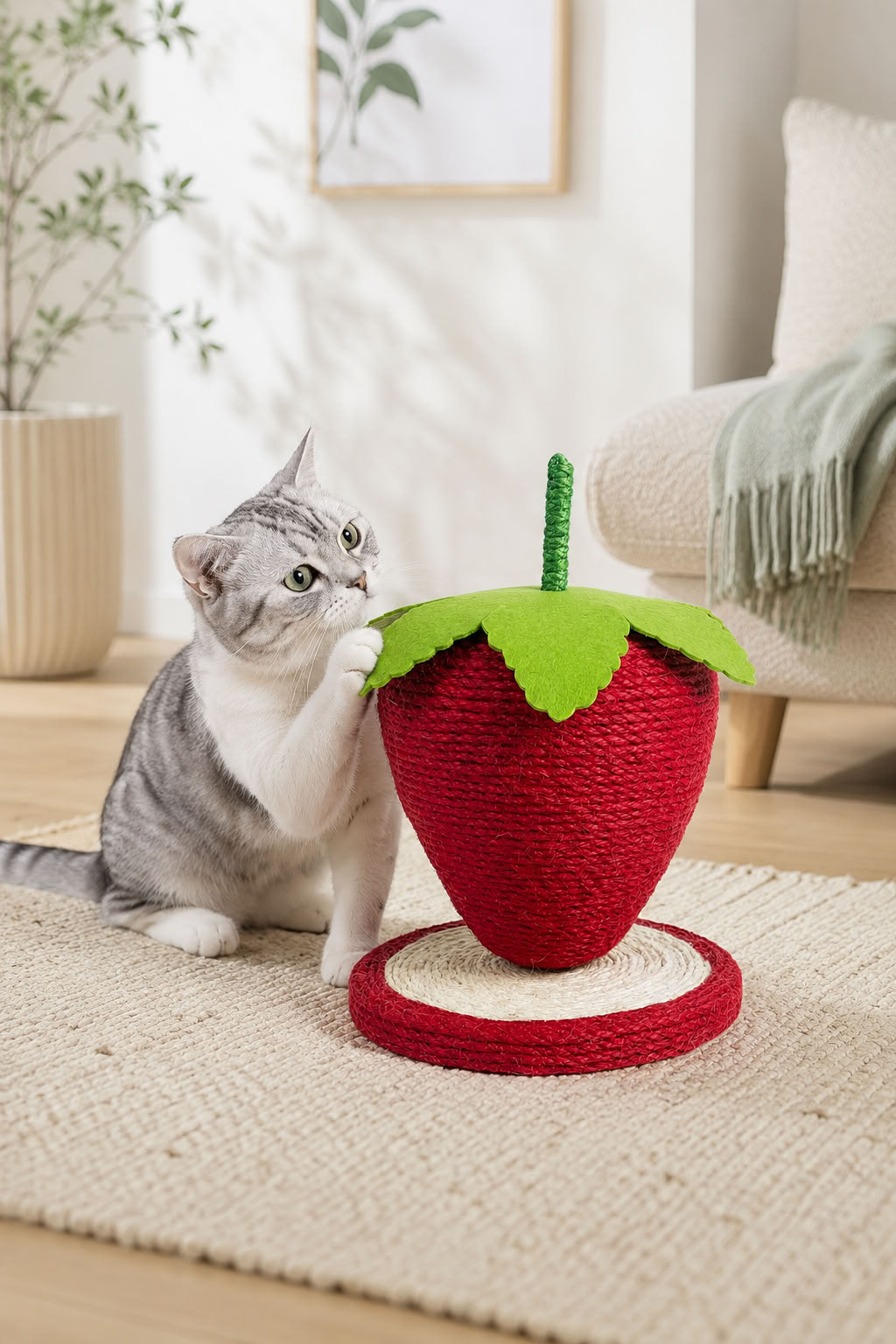 Çilek model hasır kedi tırmalama oyuncağı, 27x18 cm dekoratif kedi tırmalama tahtası, sabit tabanlı kedi oyuncağı ve tırmalama ürünü
