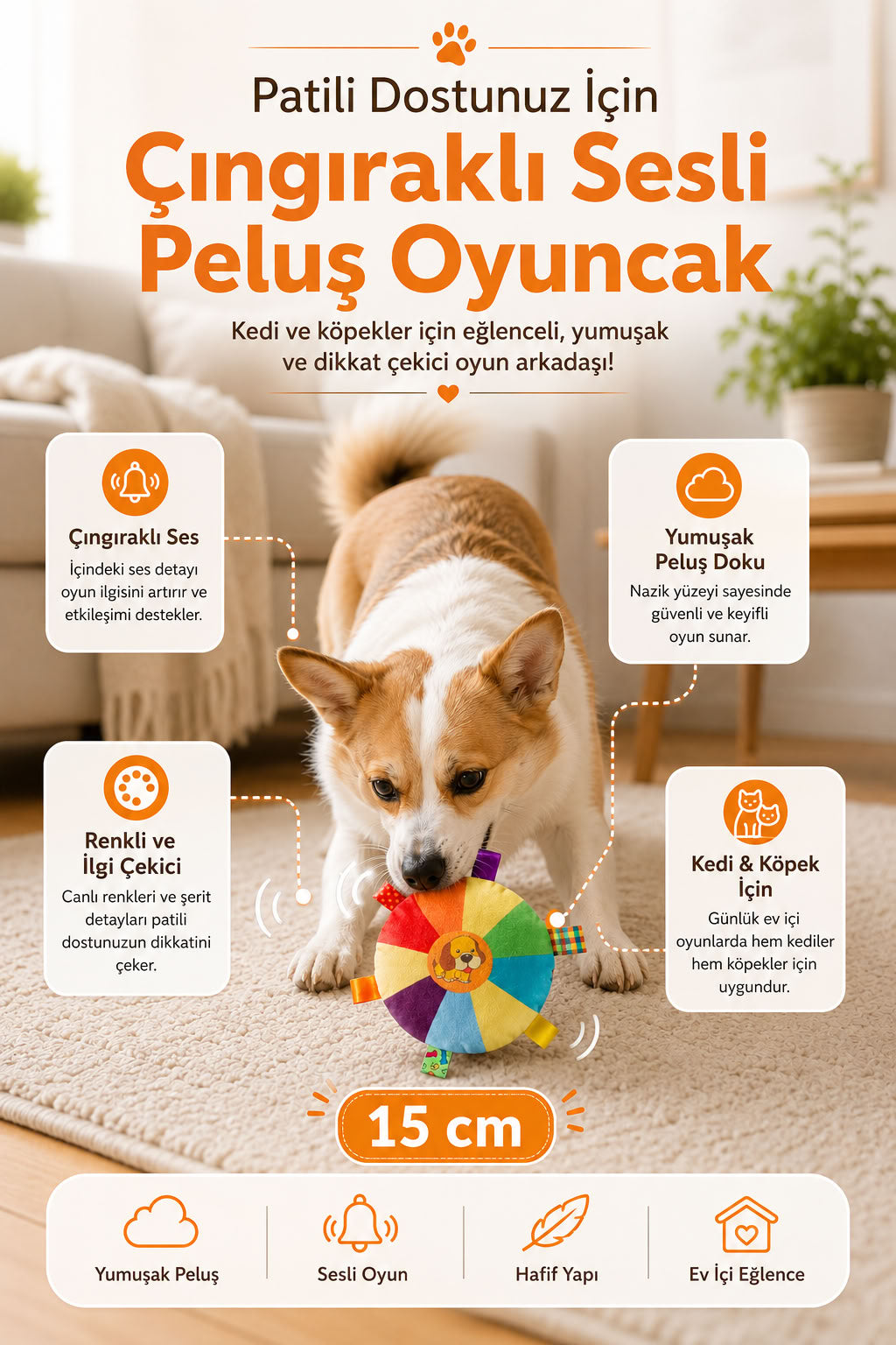Çıngıraklı sesli peluş evcil hayvan oyuncağı, kedi ve köpek için 15 cm yumuşak pelüş oyuncak, renkli ses çıkaran oyuncak