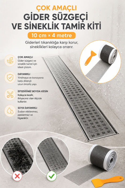 Çok amaçlı gider süzgeci ve sineklik tamir kiti 10 cm x 4 metre, kesilebilir suya dayanıklı paslanmaz file bant