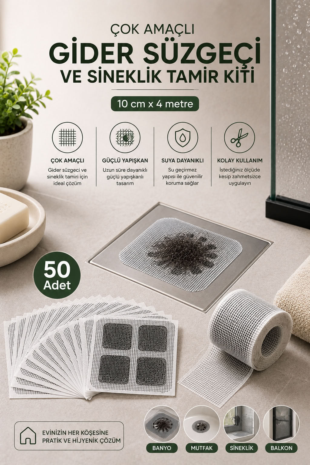 Çok amaçlı gider süzgeci ve sineklik tamir kiti, 10 cm x 4 metre yapışkanlı file bant, banyo mutfak balkon gider koruyucu