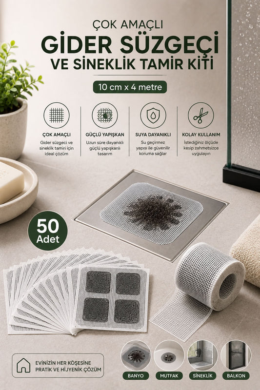 Çok amaçlı gider süzgeci ve sineklik tamir kiti, 10 cm x 4 metre yapışkanlı file bant, banyo mutfak balkon gider koruyucu