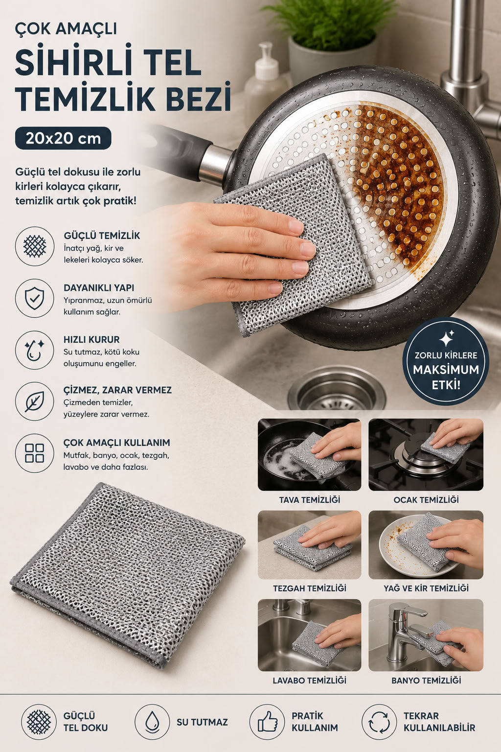 Çok amaçlı sihirli tel temizlik bezi 20x20 cm, tava, ocak, tezgah, lavabo, banyo, yağ ve kir temizliği için güçlü tel dokulu bez
