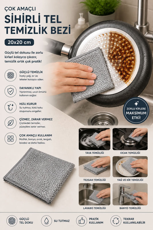 Çok amaçlı sihirli tel temizlik bezi 20x20 cm, tava, ocak, tezgah, lavabo, banyo, yağ ve kir temizliği için güçlü tel dokulu bez
