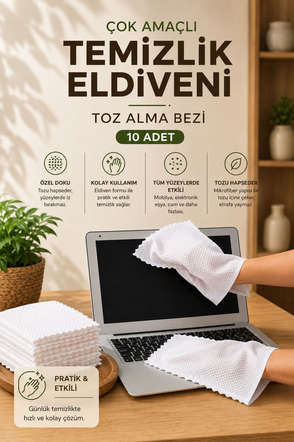 Çok amaçlı temizlik eldiveni toz alma bezi 10 adet, mikrofiber dokulu pratik eldiven formunda mobilya cam elektronik temizlik bezi
