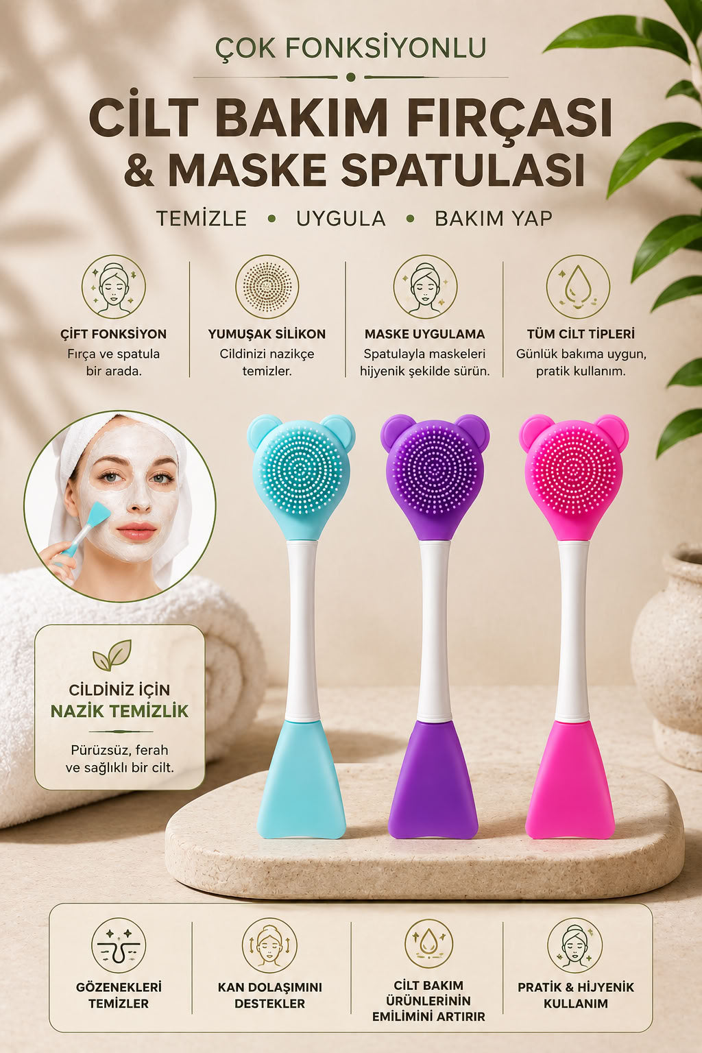 Çok fonksiyonlu silikon cilt bakım fırçası ve maske spatulası, yüz temizleme ve maske uygulama için pratik bakım aparatı