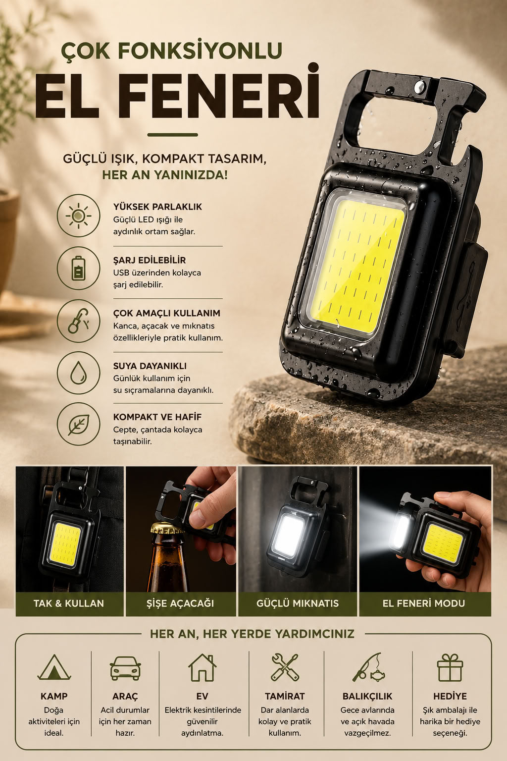Çok fonksiyonlu el feneri USB şarjlı LED ışıklı, manyetik, askılı, şişe açacaklı kamp araç ev acil durum feneri