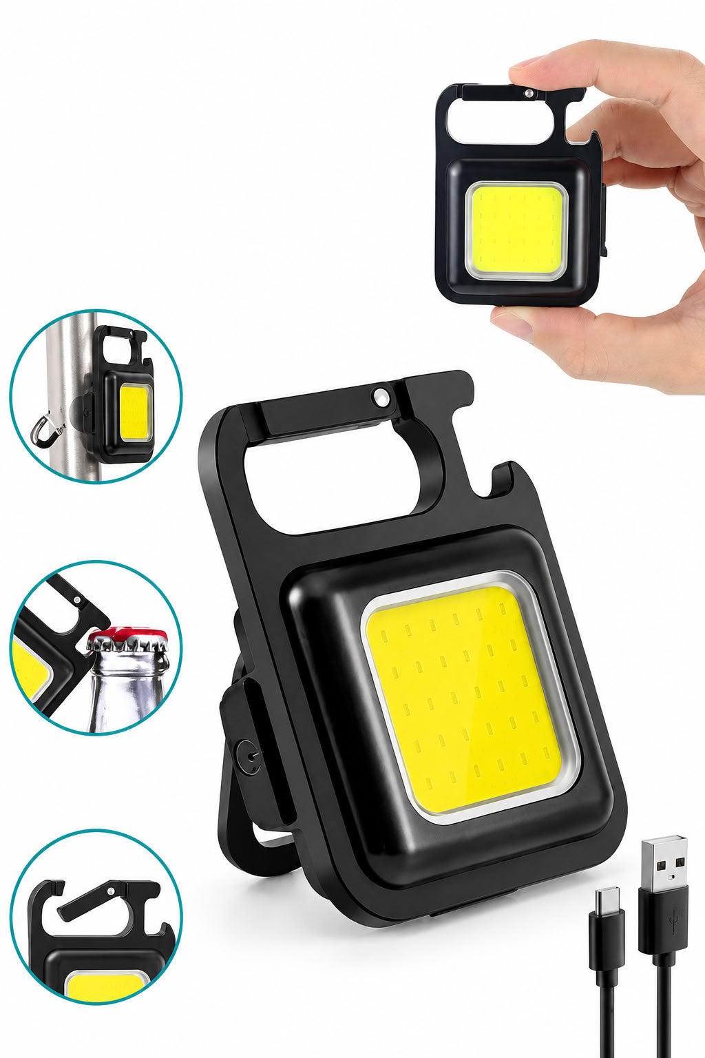 Çok fonksiyonlu el feneri USB şarjlı LED ışıklı, manyetik, askılı, şişe açacaklı kamp araç ev acil durum feneri