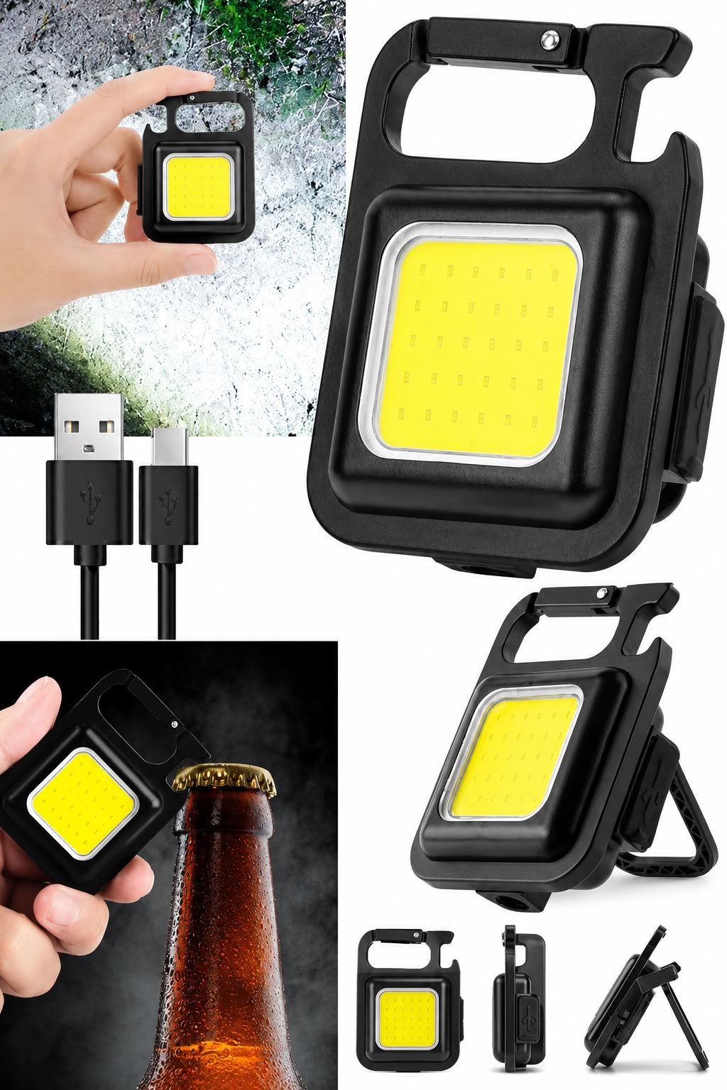 Çok fonksiyonlu el feneri USB şarjlı LED ışıklı, manyetik, askılı, şişe açacaklı kamp araç ev acil durum feneri