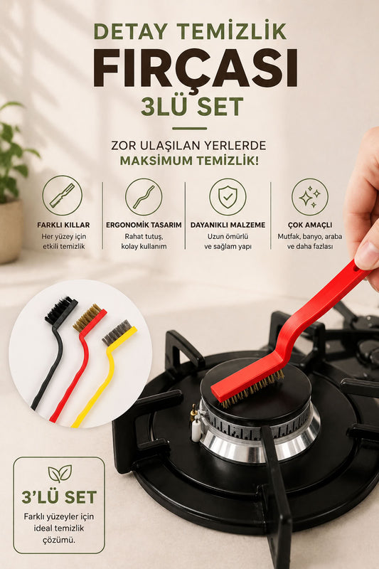 Detay temizlik fırçası 3’lü set, sert kıllı ocak arası, derz, fayans, banyo, mutfak, araba ve dar alan temizleme fırçası