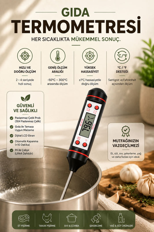 Dijital gıda termometresi paslanmaz çelik problu, et tavuk süt yağ şekerleme sıvı ve çorba ölçümü için LCD ekranlı mutfak derecesi
