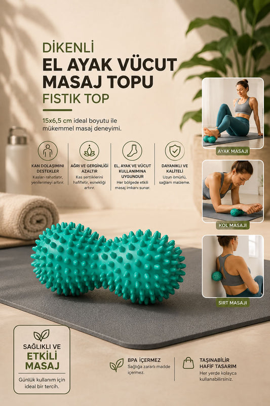 Dikenli fıstık masaj topu, el ayak sırt kol ve vücut kullanımı için 15x6,5 cm taşınabilir masaj aparatı