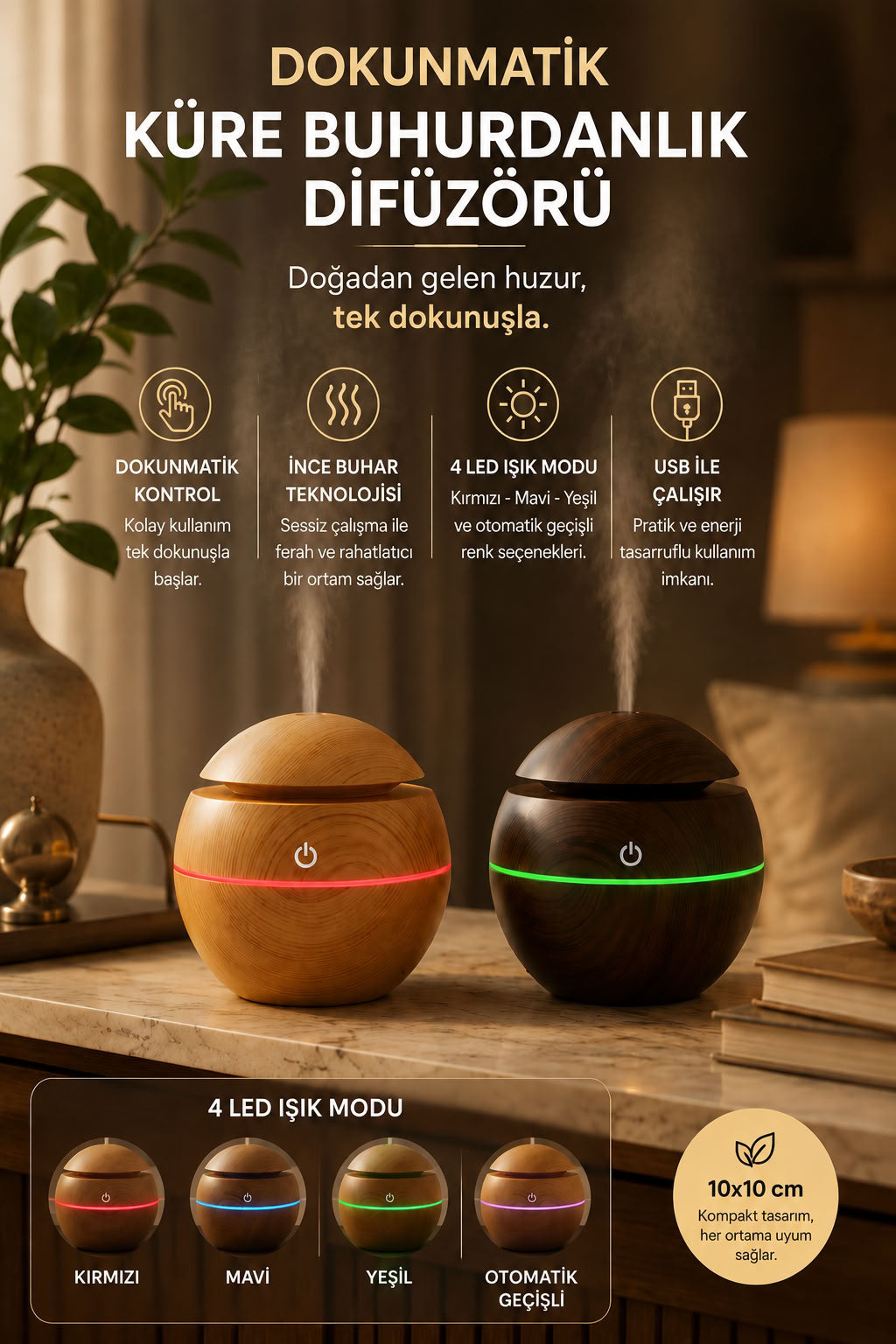 Dokunmatik küre buhurdanlık difüzörü, USB çalışan, 4 LED ışık modlu, ince buhar teknolojili ahşap görünümlü oda kokusu nemlendirici