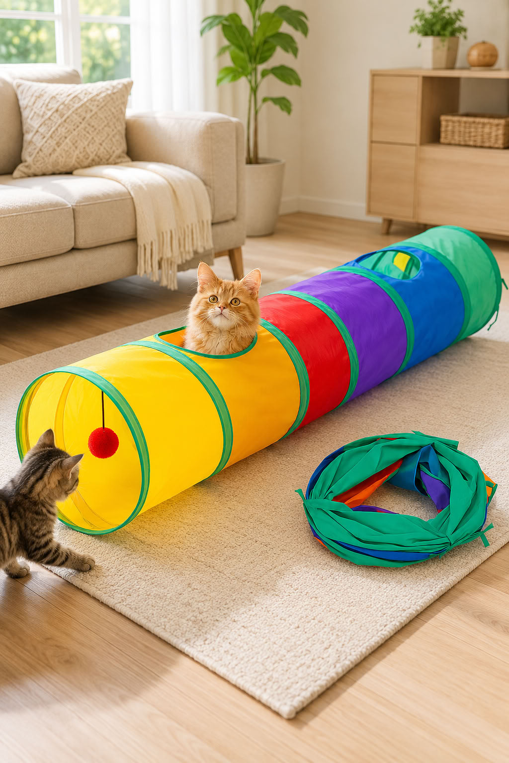 Düz model 120 cm kedi oyun tüneli, katlanabilir renkli kedi tüneli, asılı toplu oyuncak tünel ve evcil hayvan oyun alanı