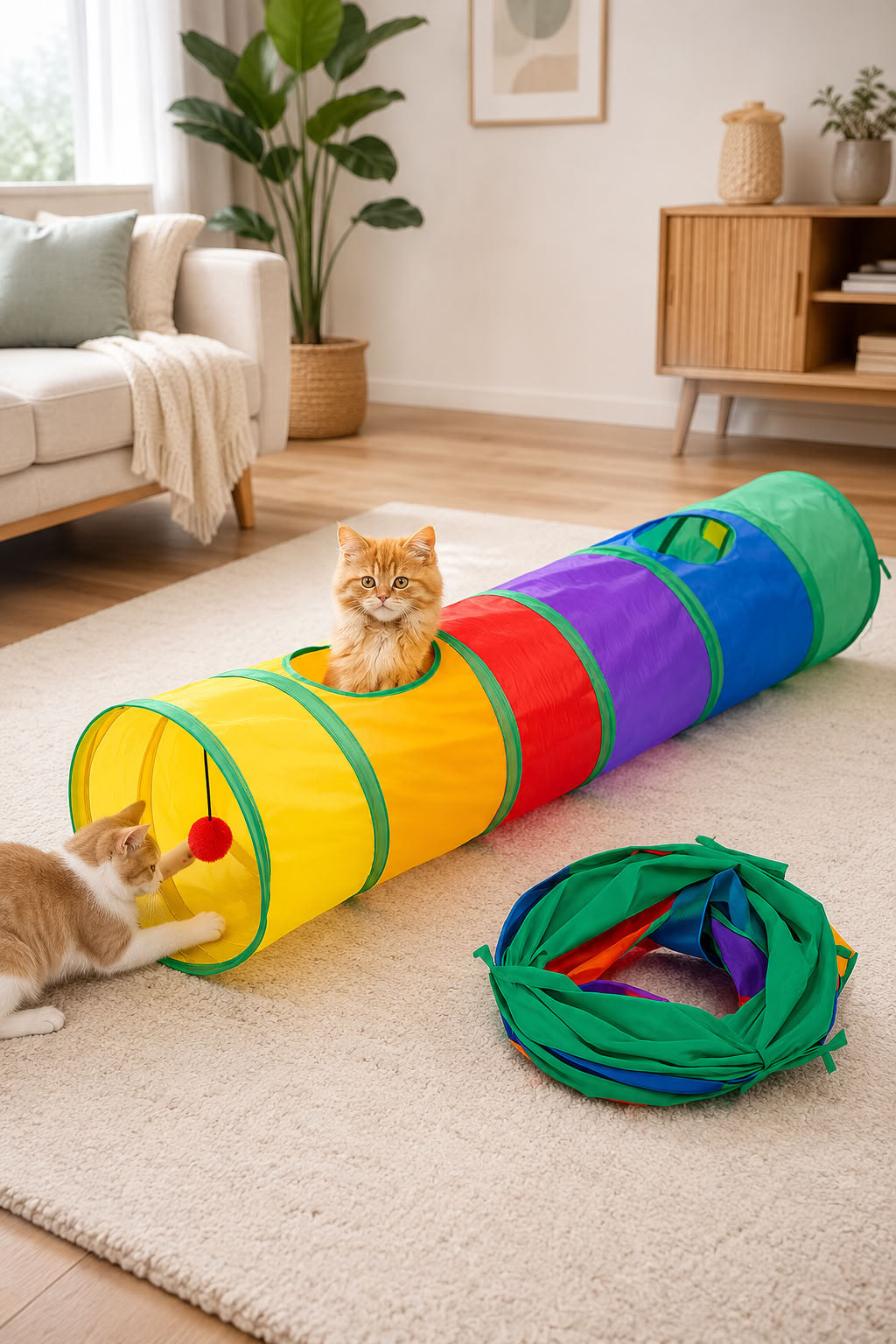Düz model 120 cm kedi oyun tüneli, katlanabilir renkli kedi tüneli, asılı toplu oyuncak tünel ve evcil hayvan oyun alanı