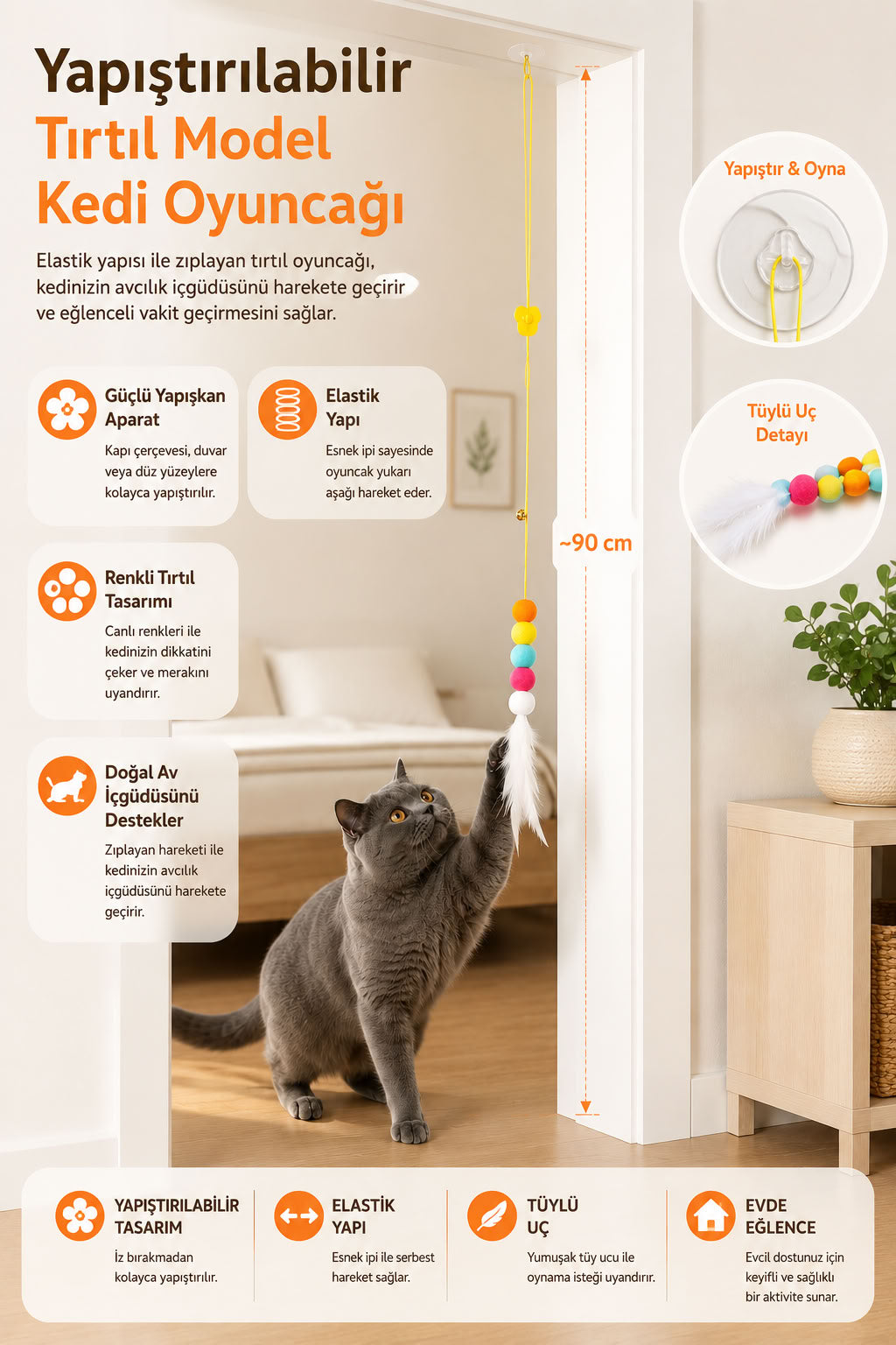 Elastik kendinden yapışkanlı kedi oyun oltası, renkli tırtıl model, tüylü uçlu, yaklaşık 90 cm uzunlukta, zıplama ve takip oyunlarını destekleyen interaktif kedi oyuncağı